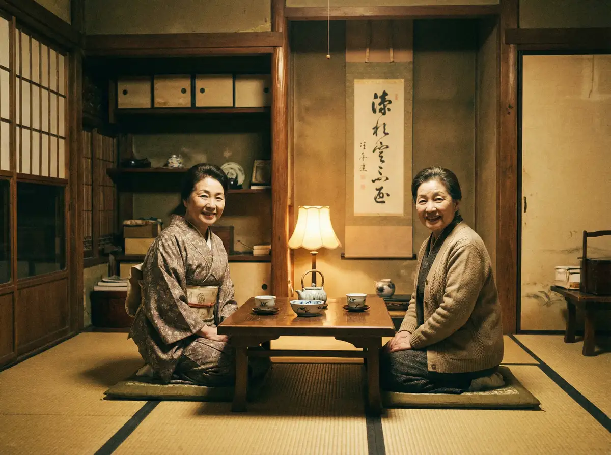 两位优雅的 吃瓜五一 在日式茶室中品茶交谈